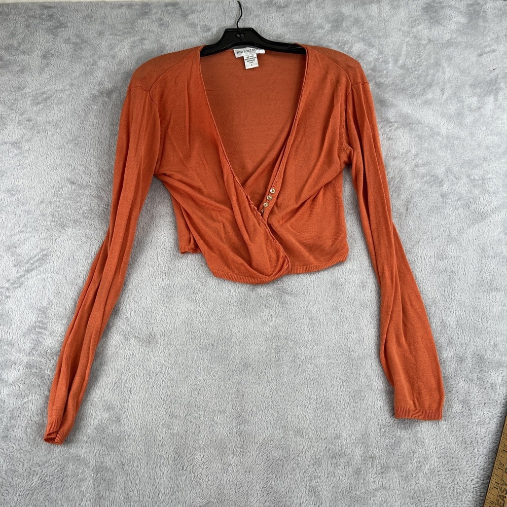 VTG Newport News Cropped Wrap Cardigan L Orange Lightweight Boho Knit Tie Top